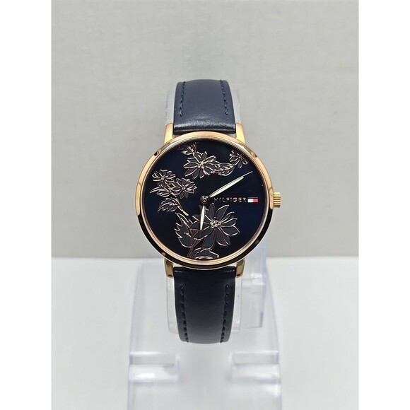 Tommy Hilfiger Womens Floral Dial Rose Gold Blue Leather Quartz New Battery 35mm - Picture 1 of 12